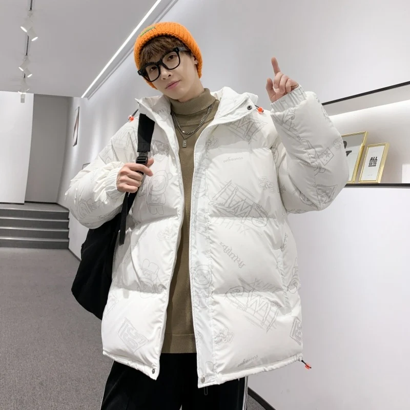 Herren gefütterte oversized Steppjacke mit Kapuze und Allover-Print Drune