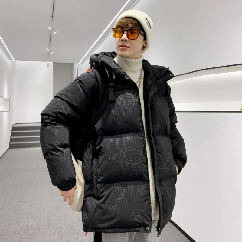 Herren gefütterte oversized Steppjacke mit Kapuze und Allover-Print Drune