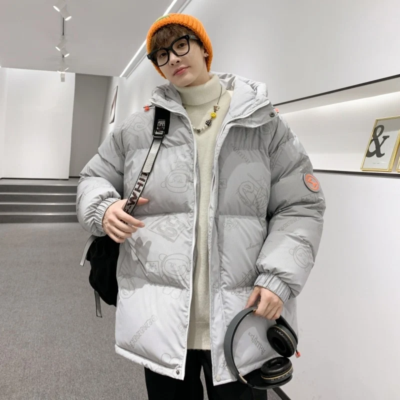 Herren gefütterte oversized Steppjacke mit Kapuze und Allover-Print Drune