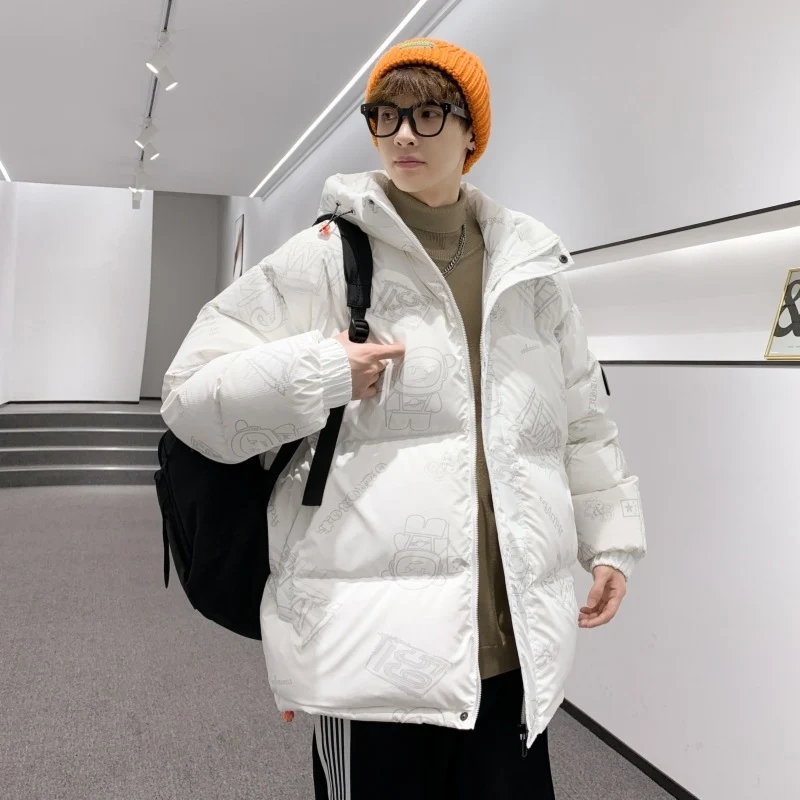 Herren gefütterte oversized Steppjacke mit Kapuze und Allover-Print Drune