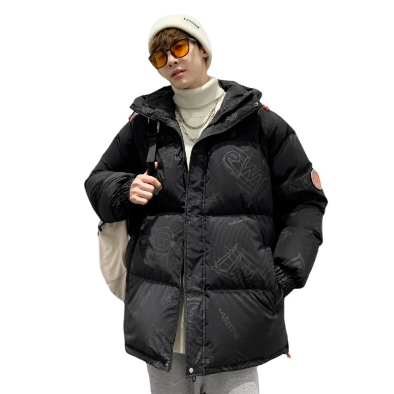 Herren gefütterte oversized Steppjacke mit Kapuze und Allover-Print Drune