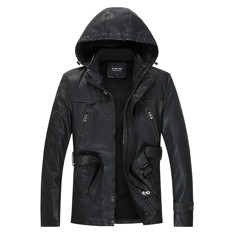 Herren gefütterte Kunstlederjacke mit Kapuze, warmem Teddyfutter und Gürteldetail Drune