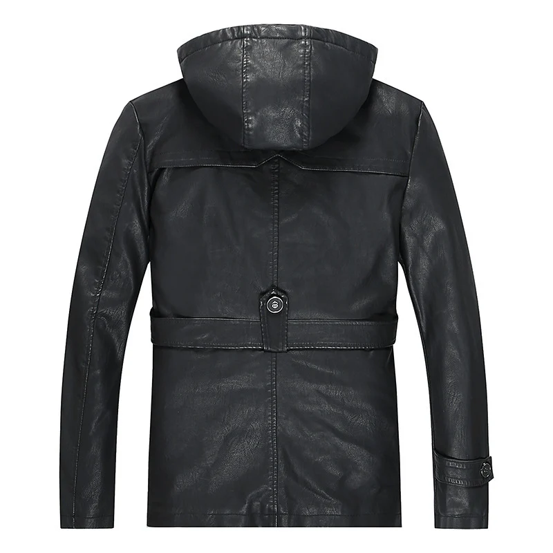 Herren gefütterte Kunstlederjacke mit Kapuze, warmem Teddyfutter und Gürteldetail Drune