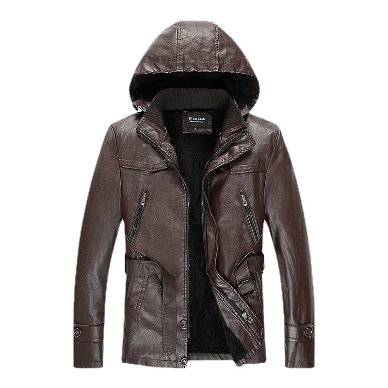 Herren gefütterte Kunstlederjacke mit Kapuze, warmem Teddyfutter und Gürteldetail Drune