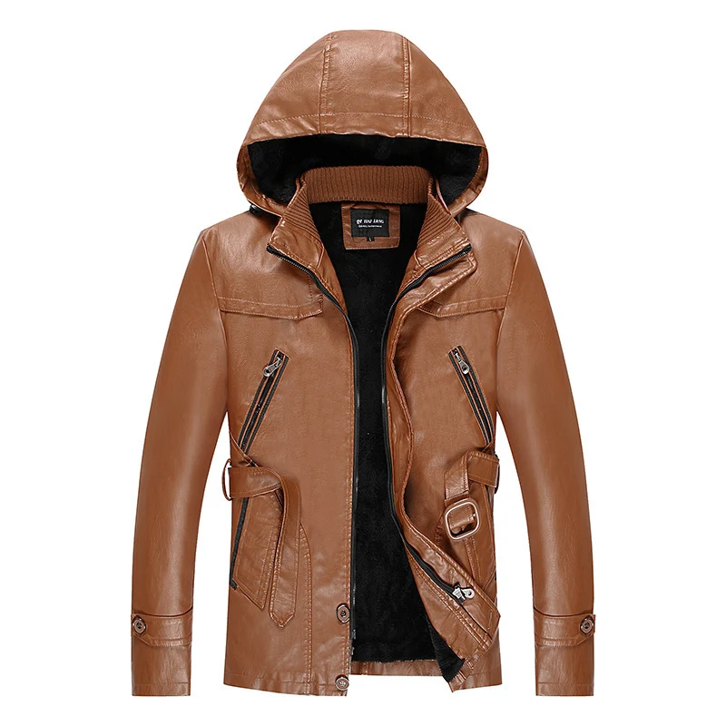 Herren gefütterte Kunstlederjacke mit Kapuze, warmem Teddyfutter und Gürteldetail Drune