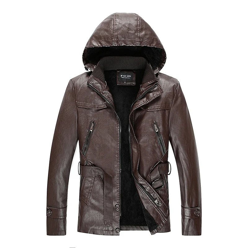Herren gefütterte Kunstlederjacke mit Kapuze, warmem Teddyfutter und Gürteldetail Drune