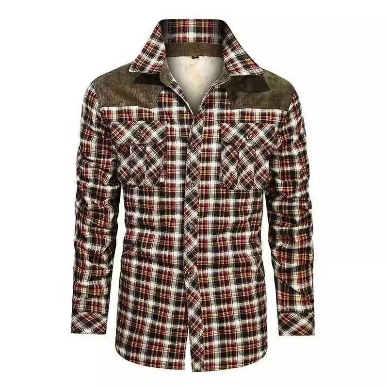 Herren gefütterte Karo-Hemdjacke mit Teddyfleece-Innenfutter, Brustpattentaschen und Schulterbesatz Drune