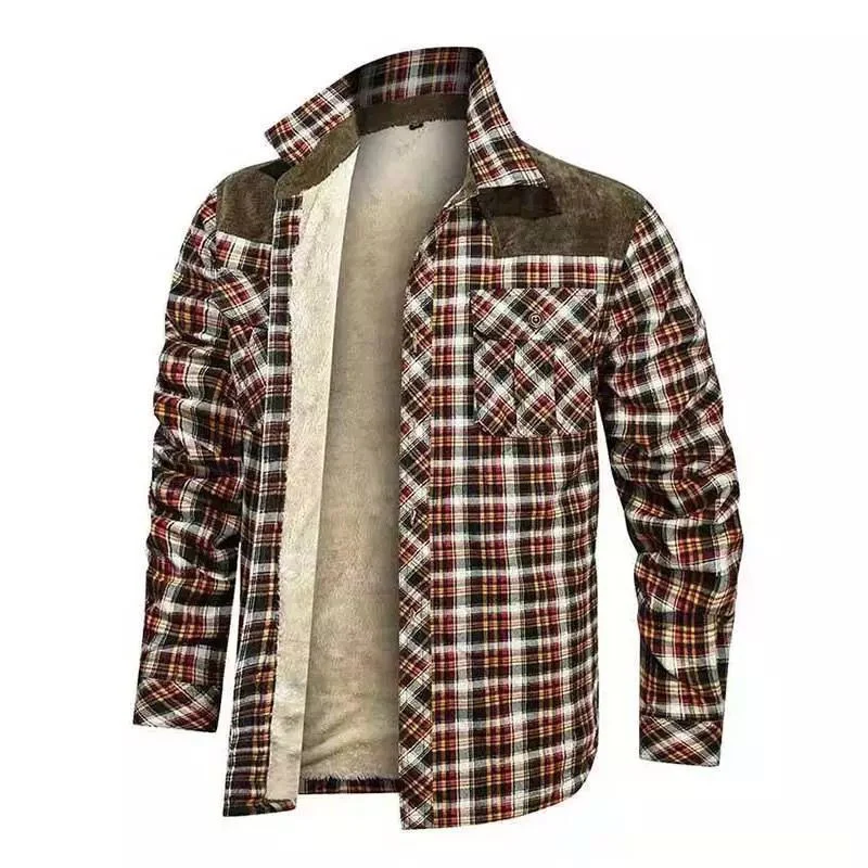 Herren gefütterte Karo-Hemdjacke mit Teddyfleece-Innenfutter, Brustpattentaschen und Schulterbesatz Drune