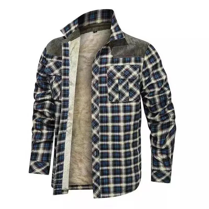 Herren gefütterte Karo-Hemdjacke mit Teddyfleece-Innenfutter, Brustpattentaschen und Schulterbesatz Drune