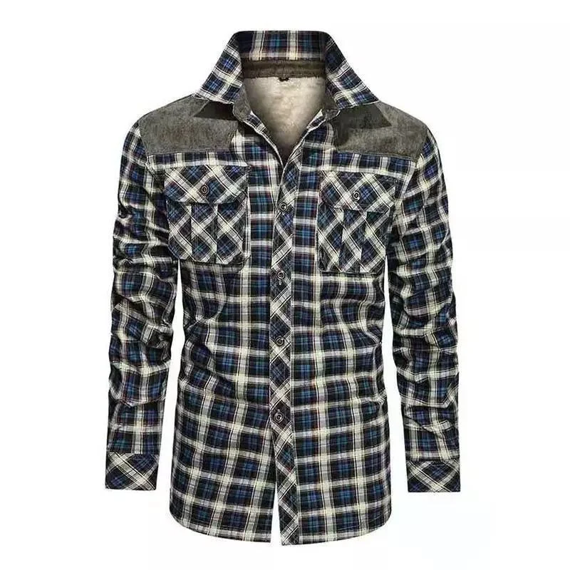 Herren gefütterte Karo-Hemdjacke mit Teddyfleece-Innenfutter, Brustpattentaschen und Schulterbesatz Drune