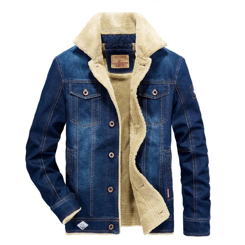 Herren gefütterte Jeansjacke mit Sherpa‑Innenfutter und hohem Kragen Drune
