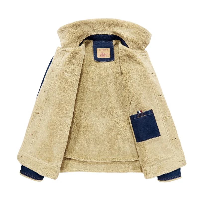 Herren gefütterte Jeansjacke mit Sherpa‑Innenfutter und hohem Kragen Drune