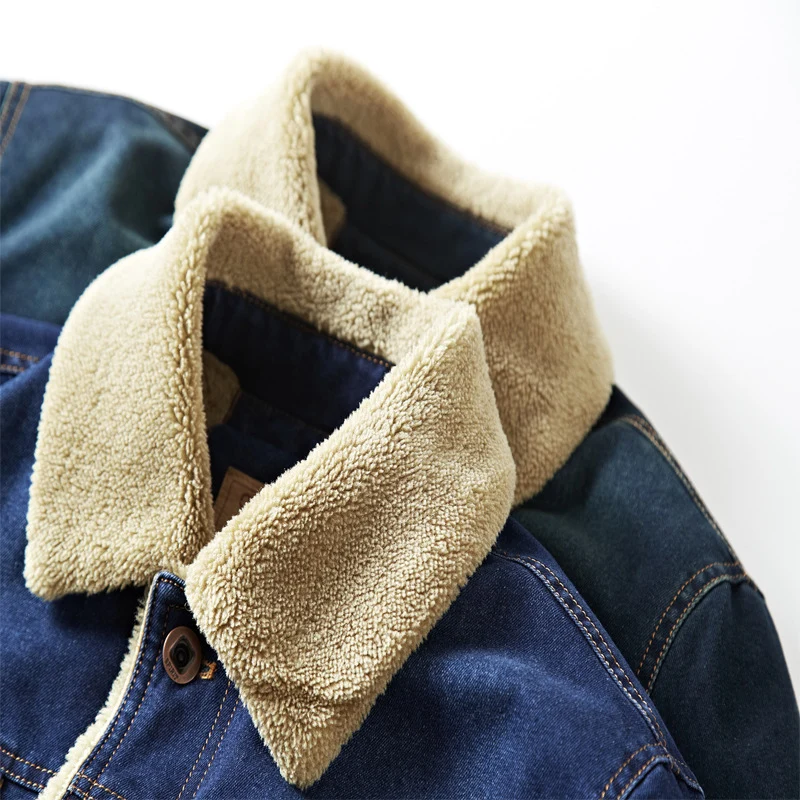 Herren gefütterte Jeansjacke mit Sherpa‑Innenfutter und hohem Kragen Drune