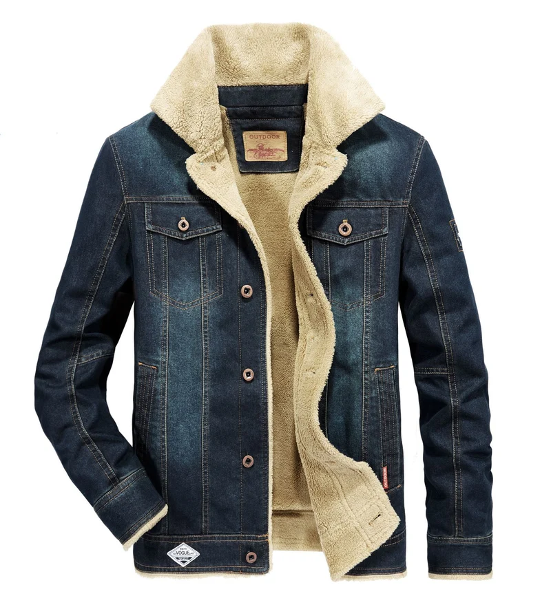 Herren gefütterte Jeansjacke mit Sherpa‑Innenfutter und hohem Kragen Drune