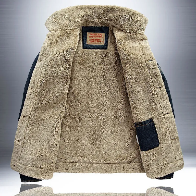 Herren Gefütterte Jeansjacke mit Sherpa-Innenfutter, Hemdkragen und Druckknopf‑Front Drune