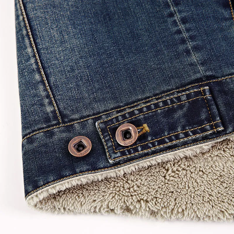 Herren Gefütterte Jeansjacke mit Sherpa-Innenfutter, Hemdkragen und Druckknopf‑Front Drune