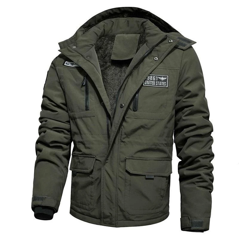Herren Gefütterte Fieldjacke im Military-Utility‑Stil mit Kapuze und Fleece-Innenfutter Drune