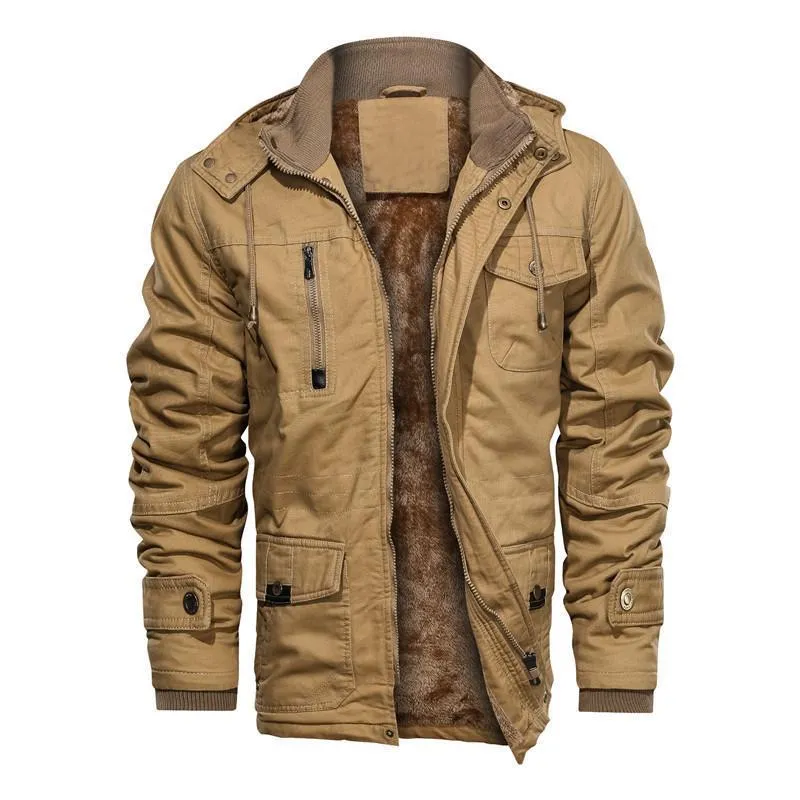 Herren gefütterte Canvas-Utilityjacke mit weichem Teddy-Innenfutter, verdecktem Zweiwege-Reißverschluss und Mehrfach-Taschen Drune