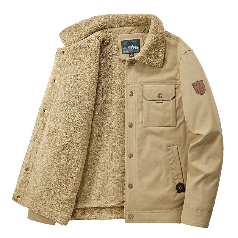 Herren Gefütterte Canvas-Truckerjacke mit Teddyfleece-Innenlage und Hemdkragen Drune
