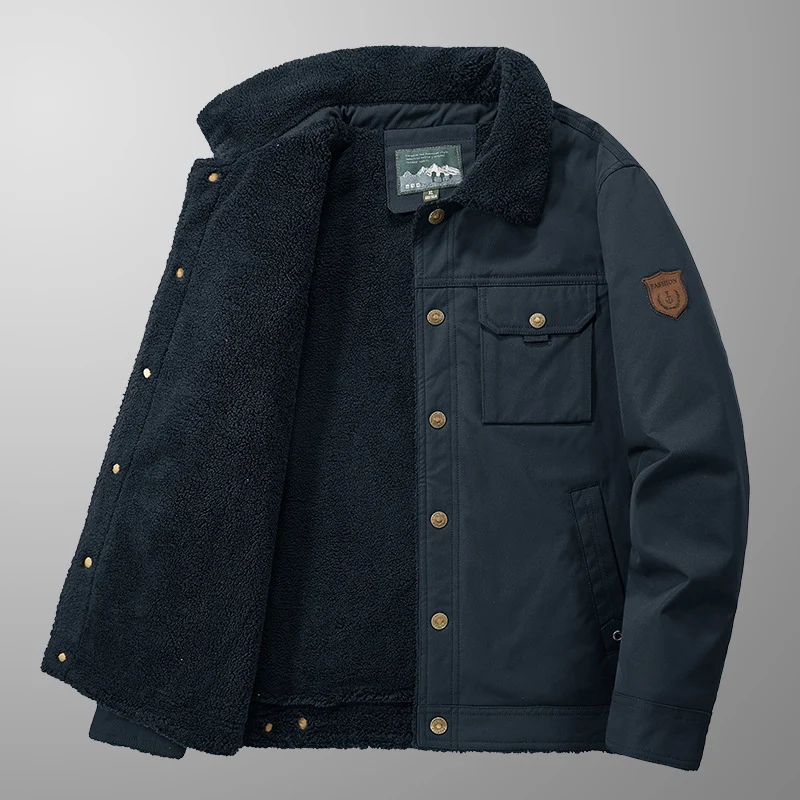 Herren Gefütterte Canvas-Truckerjacke mit Teddyfleece-Innenlage und Hemdkragen Drune