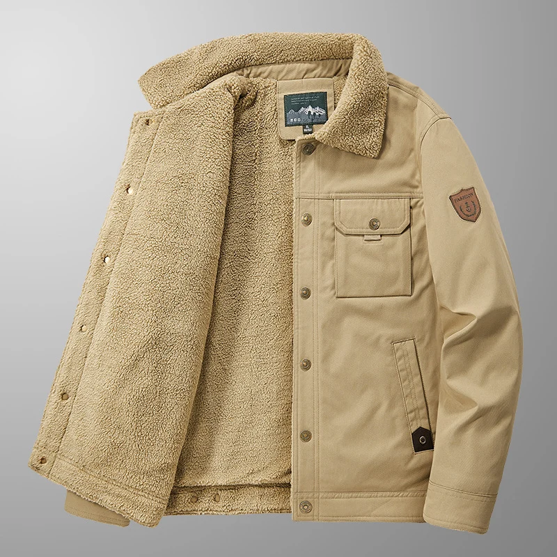 Herren Gefütterte Canvas-Truckerjacke mit Teddyfleece-Innenlage und Hemdkragen Drune