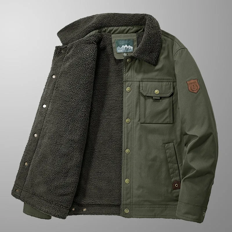Herren Gefütterte Canvas-Truckerjacke mit Teddyfleece-Innenlage und Hemdkragen Drune
