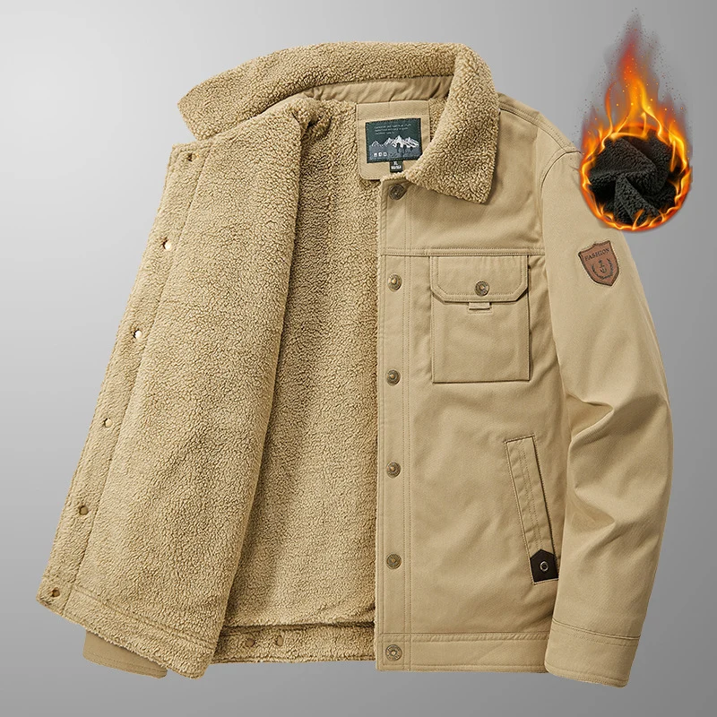 Herren Gefütterte Canvas-Arbeitsjacke mit Teddyfleece-Innenlage, Brustpatten und Utility-Taschen Drune