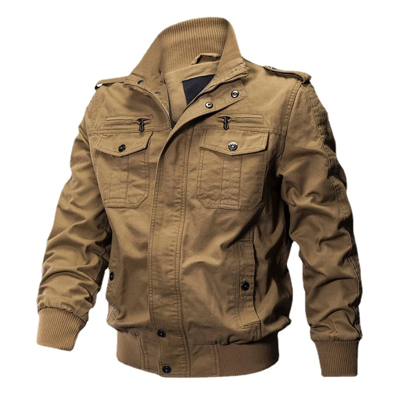 Herren funktionale Canvas-Pilotenjacke mit Stehkragen, Pattentaschen und geripptem Saum Drune