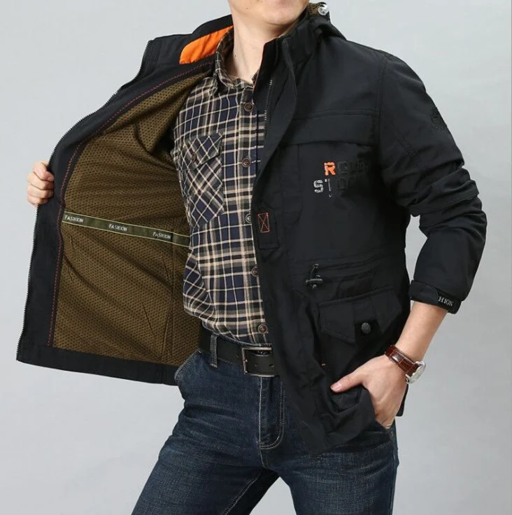 Herren funktionale Canvas-Fieldjacke mit Multifunktionstaschen und atmungsaktivem Mesh-Innenfutter Drune