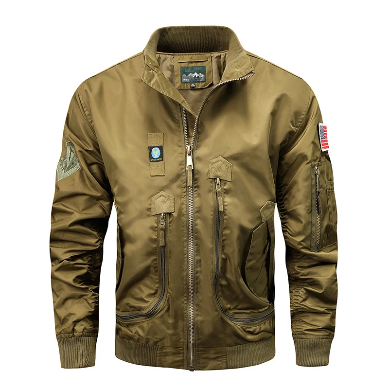 Herren Fliegerjacke im Vintage-Utility-Stil mit Mehrfach-Taschen und goldfarbenem Reißverschluss Drune