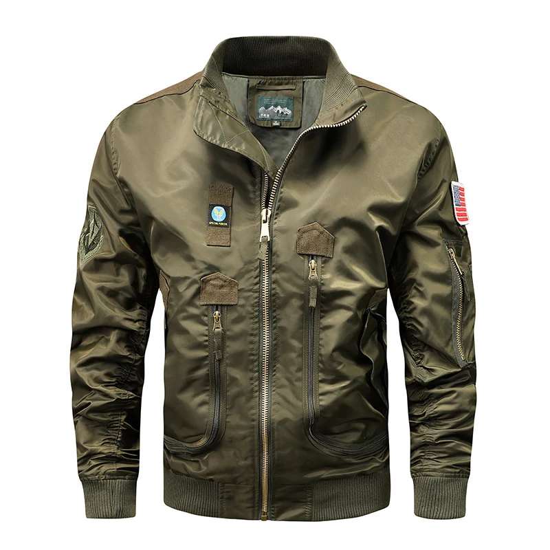 Herren Fliegerjacke im Vintage-Utility-Stil mit Mehrfach-Taschen und goldfarbenem Reißverschluss Drune