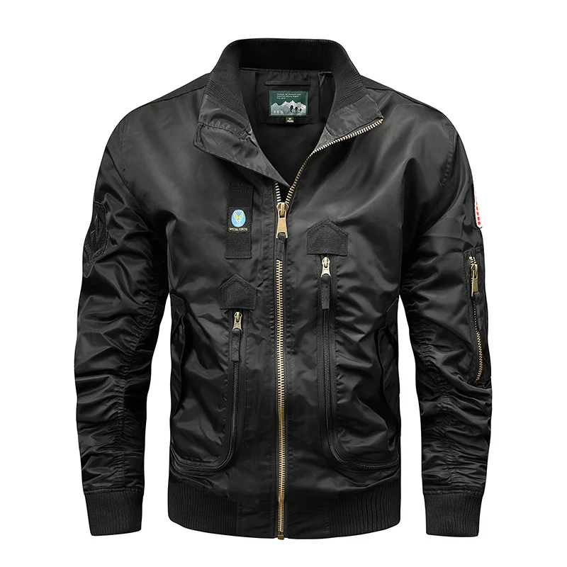 Herren Fliegerjacke im Vintage-Utility-Stil mit Mehrfach-Taschen und goldfarbenem Reißverschluss Drune
