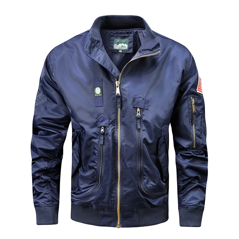 Herren Fliegerjacke im Vintage-Utility-Stil mit Mehrfach-Taschen und goldfarbenem Reißverschluss Drune