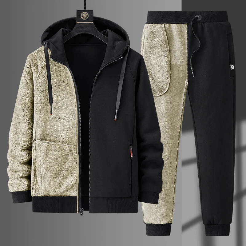 Herren fleecegefüttertes Freizeit-Jogginganzug-Set mit Kapuzenjacke und konisch geschnittener Jogginghose Drune