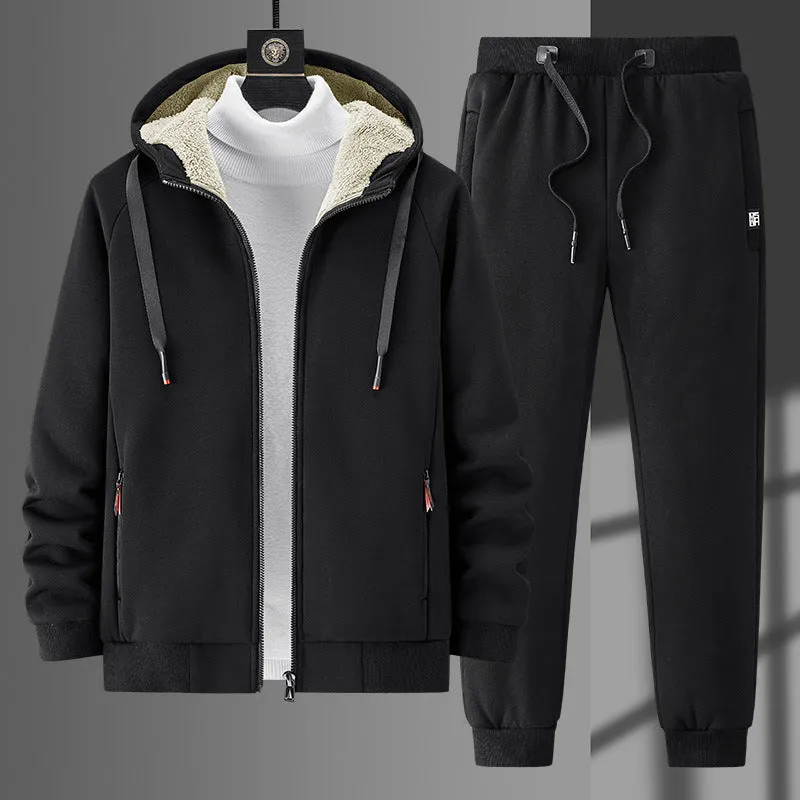 Herren fleecegefüttertes Freizeit-Jogginganzug-Set mit Kapuzenjacke und konisch geschnittener Jogginghose Drune