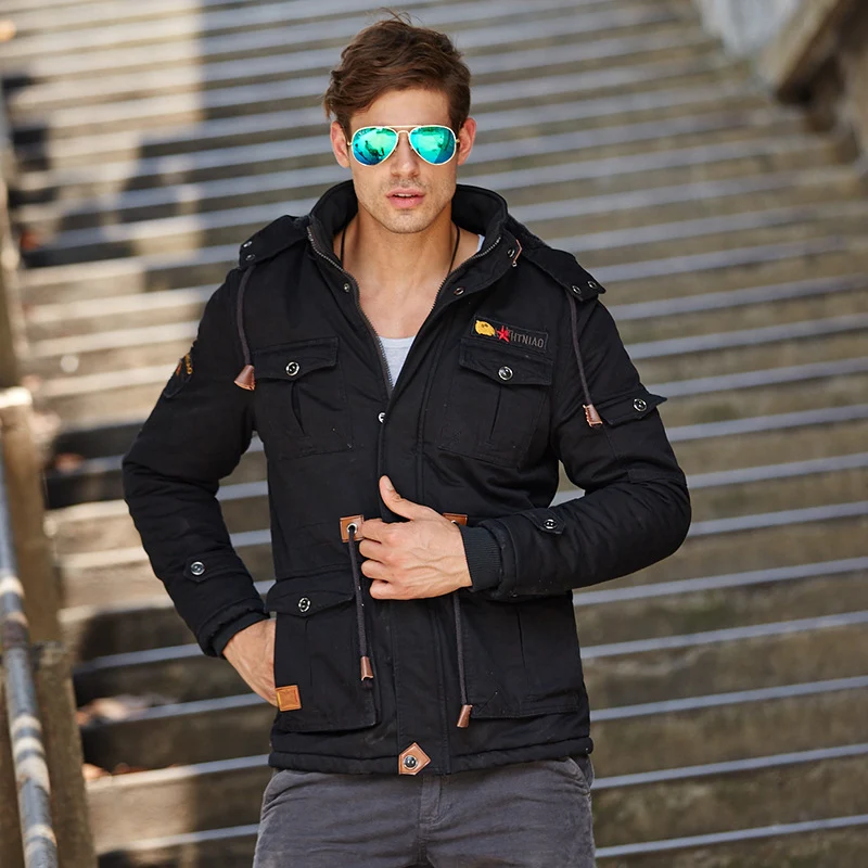 Herren Fieldjacke im Urban-Utility‑Stil mit Kapuze, Pattentaschen und Tunnelzug-Taille Drune