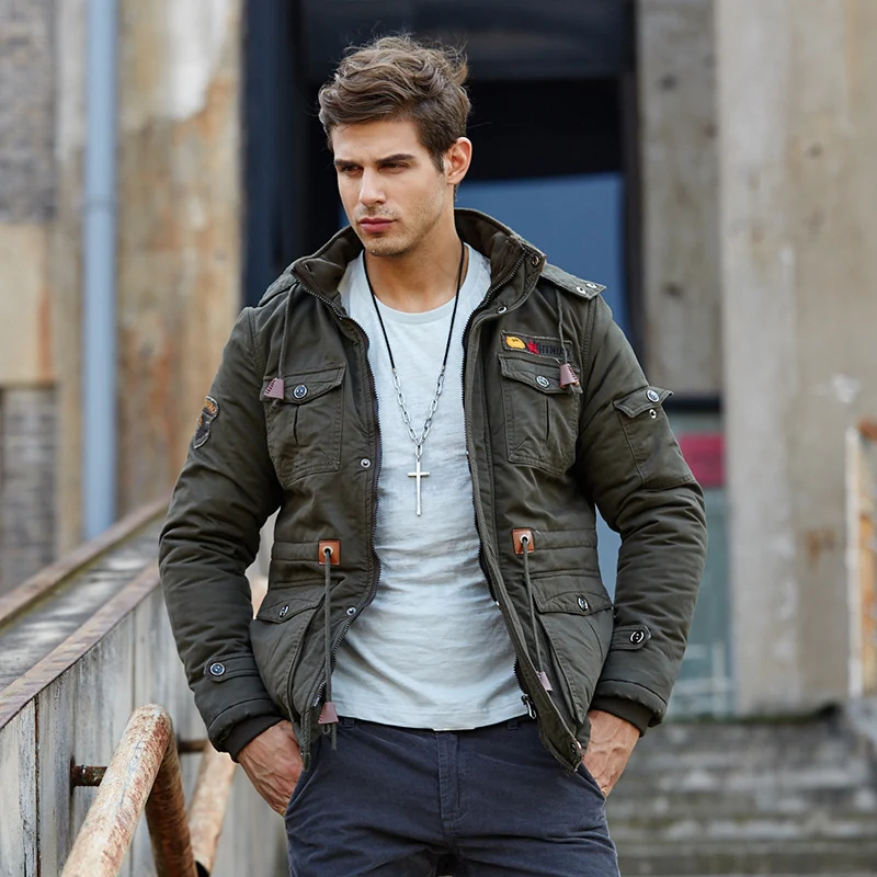 Herren Fieldjacke im Urban-Utility‑Stil mit Kapuze, Pattentaschen und Tunnelzug-Taille Drune