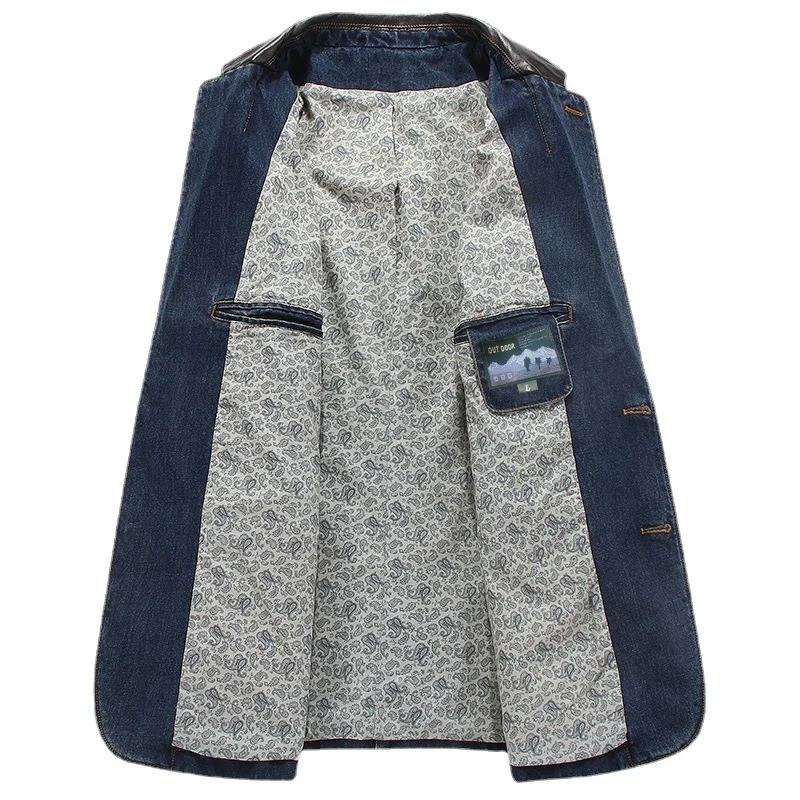 Herren Elegantes Denim-Sakko im Blazerstil mit Kunstlederbesatz und Paisley-Futter Drune