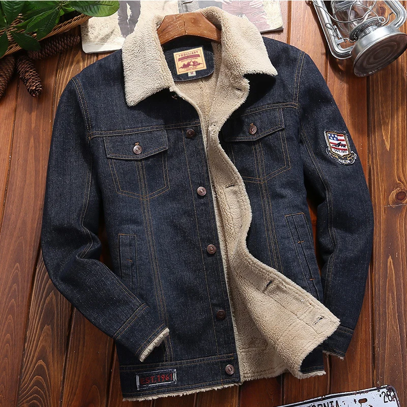 Herren Denimjacke mit wärmender Sherpa-Innenfütterung und Retro-Worker-Details Drune