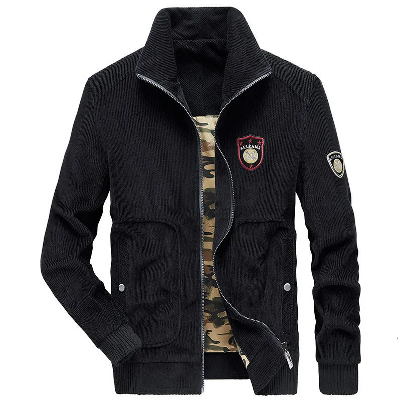 Herren Cordjacke mit Stehkragen, durchgehendem Reißverschluss und Badge-Details Drune