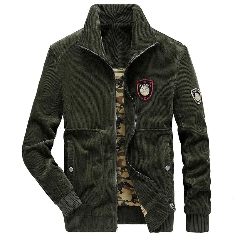 Herren Cordjacke mit Stehkragen, durchgehendem Reißverschluss und Badge-Details Drune