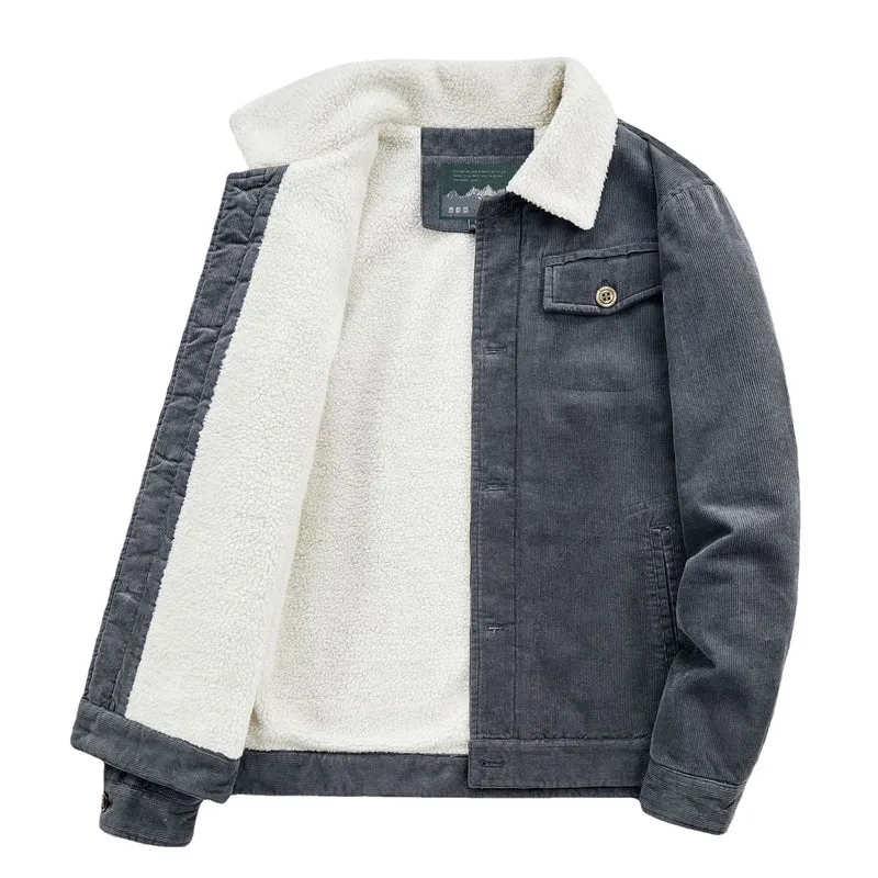 Herren Cord-Workerjacke mit voluminösem Sherpa‑Futter und Brustpattentasche Drune