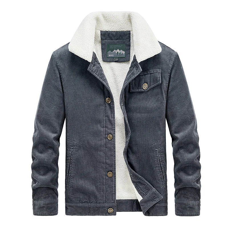 Herren Cord-Workerjacke mit voluminösem Sherpa‑Futter und Brustpattentasche Drune