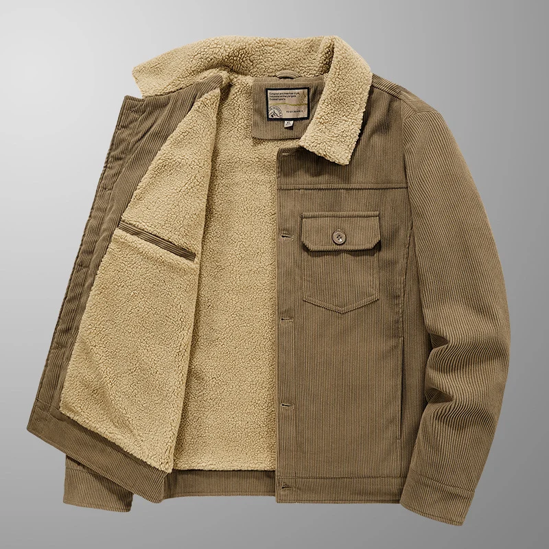Herren Cord-Truckerjacke mit Sherpa-Innenfutter, Brustpattentasche und geradem Saum Drune