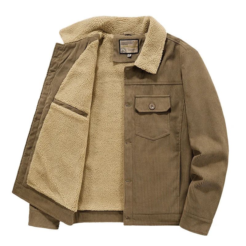 Herren Cord-Truckerjacke mit Sherpa-Innenfutter, Brustpattentasche und geradem Saum Drune