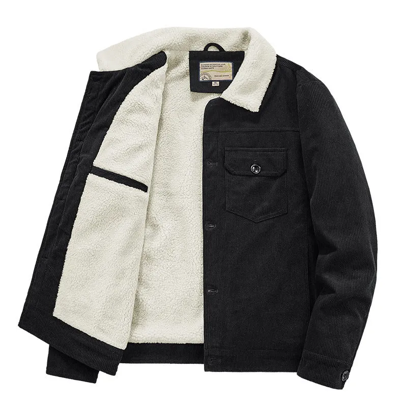 Herren Cord-Truckerjacke mit Sherpa-Innenfutter, Brustpattentasche und geradem Saum Drune