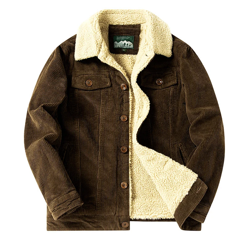 Herren Cord-Truckerjacke mit durchgehendem Teddyfutter und Brustpattentaschen Drune