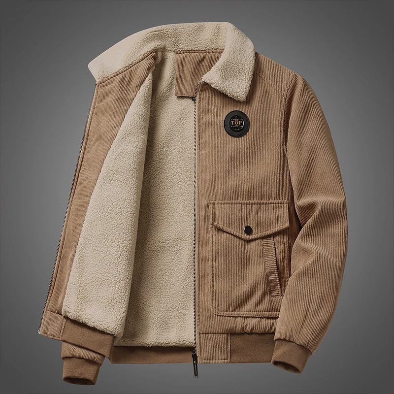 Herren Cord-Teddyjacke mit Sherpa-Futter, Reißverschluss und Utility-Taschen Drune