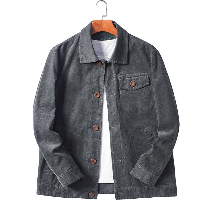 Herren Cord-Chorejacke im Worker-Stil mit Hemdkragen und Holzknopf-Verschluss Drune
