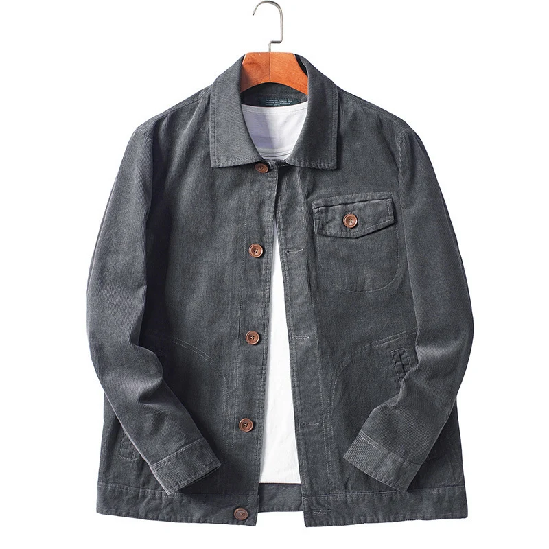 Herren Cord-Chorejacke im Worker-Stil mit Hemdkragen und Holzknopf-Verschluss Drune